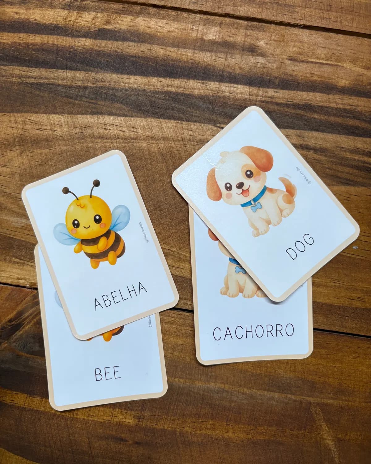 Cartas ilustradas de animais, com nomes em português e inglês, espalhadas sobre a mesa